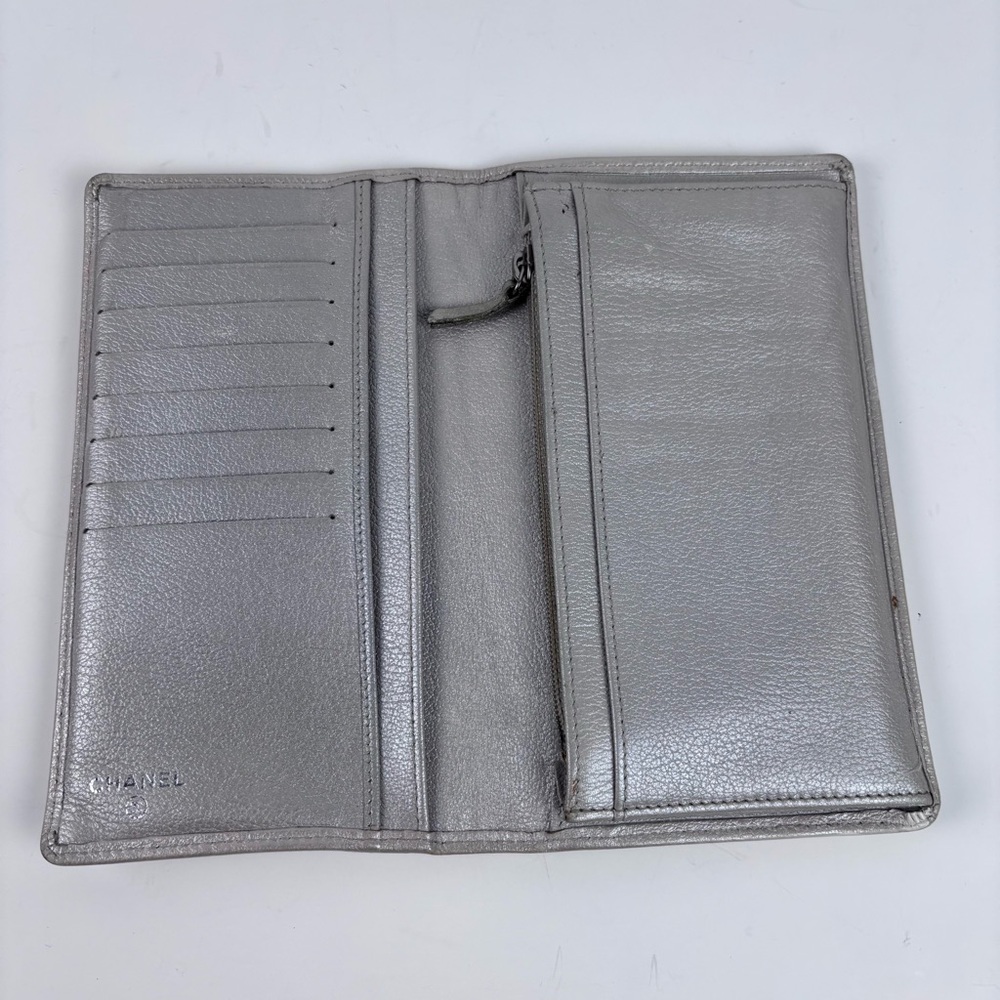 Authentic Chanel Camellia Long Wallet Silver Leather Painted Exterior Bifold - Picture 2 of 13